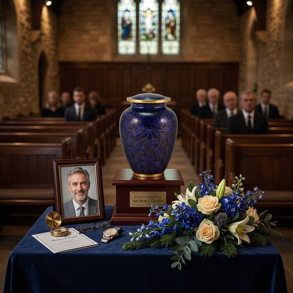 Vibrant blue cloisonne urn featuring a delicate floral motif with gold accents in a funeral service setting.