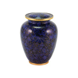 Vibrant blue cloisonne urn featuring a delicate floral motif with gold accents, main image. 