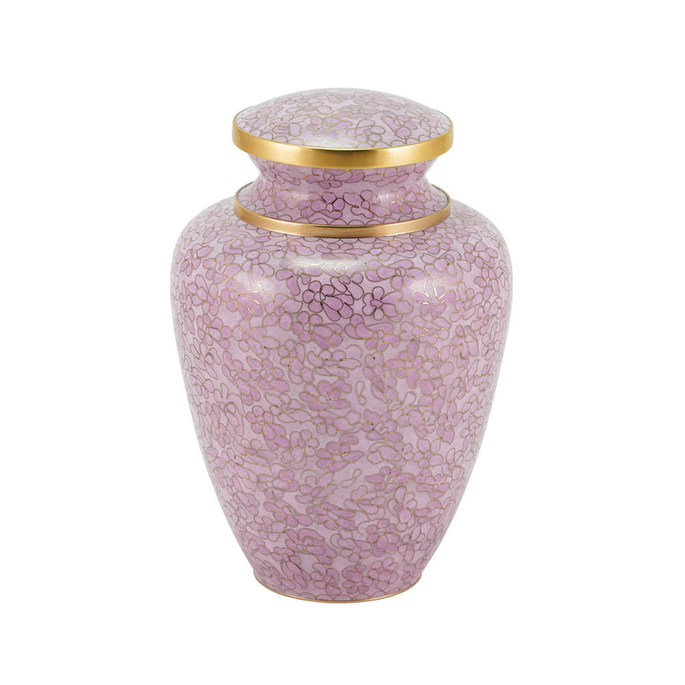 Pink cloisonne cremation urn featuring a floral motif with gold accents, main image.