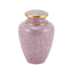 Pink cloisonne cremation urn featuring a floral motif with gold accents, main image.