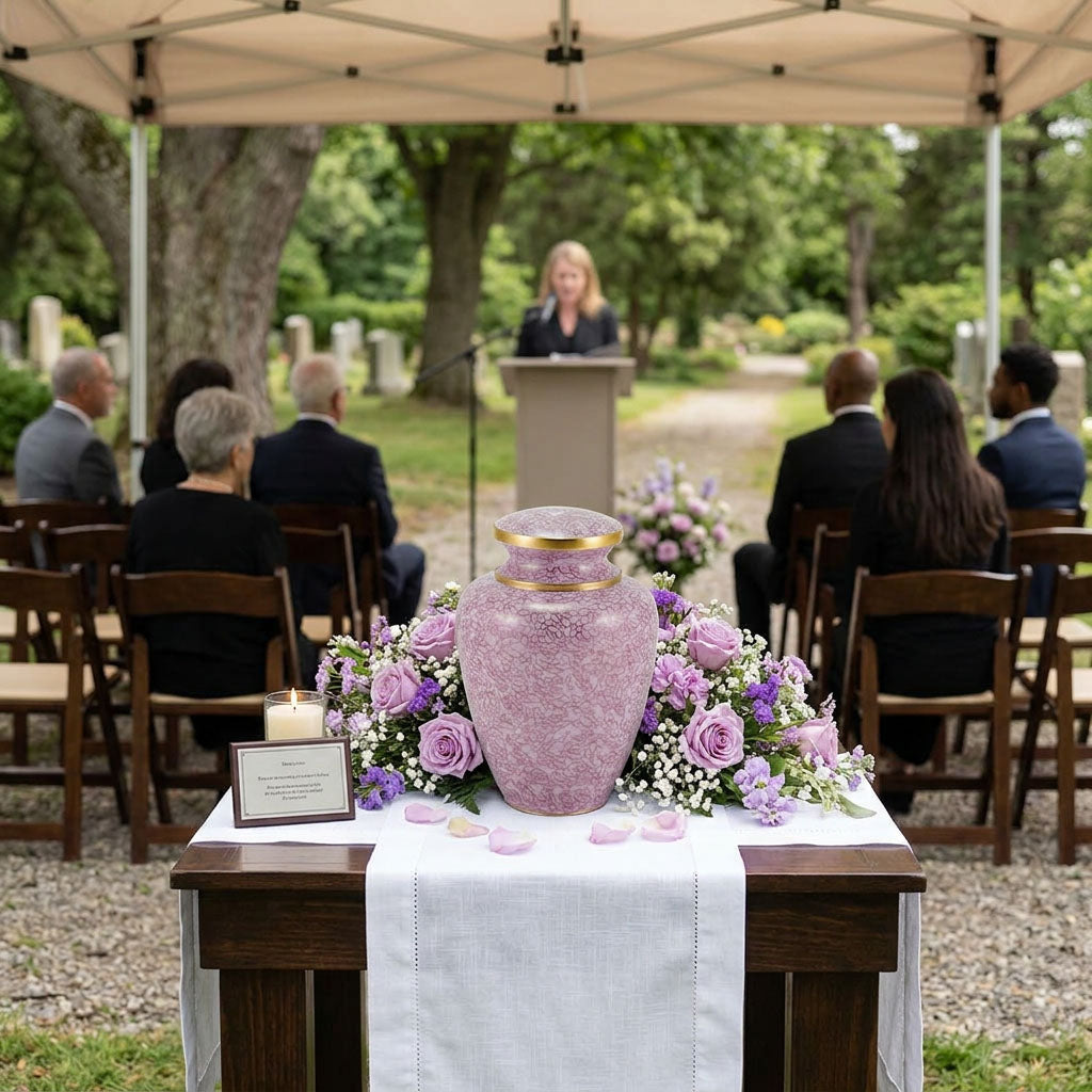 Pink cloisonne cremation urn featuring a floral motif with gold accents in an outdoor celebration of life setting.