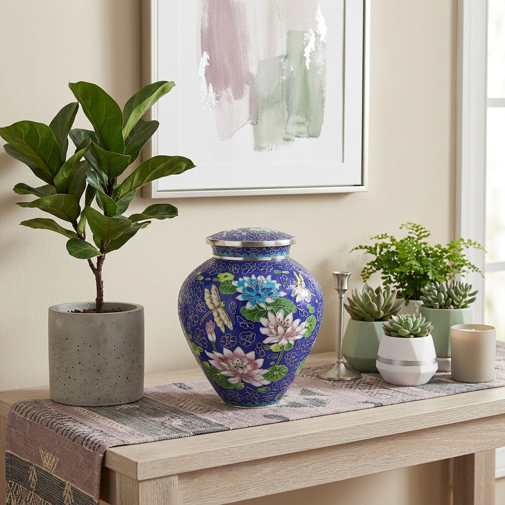 Filigree cloisonne lily dragonfly cremation urn in a home decor setting with plants.