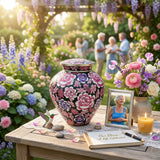 Pink and purple metal filigree cloisonne urn with a floral design in a celebration of life setting.