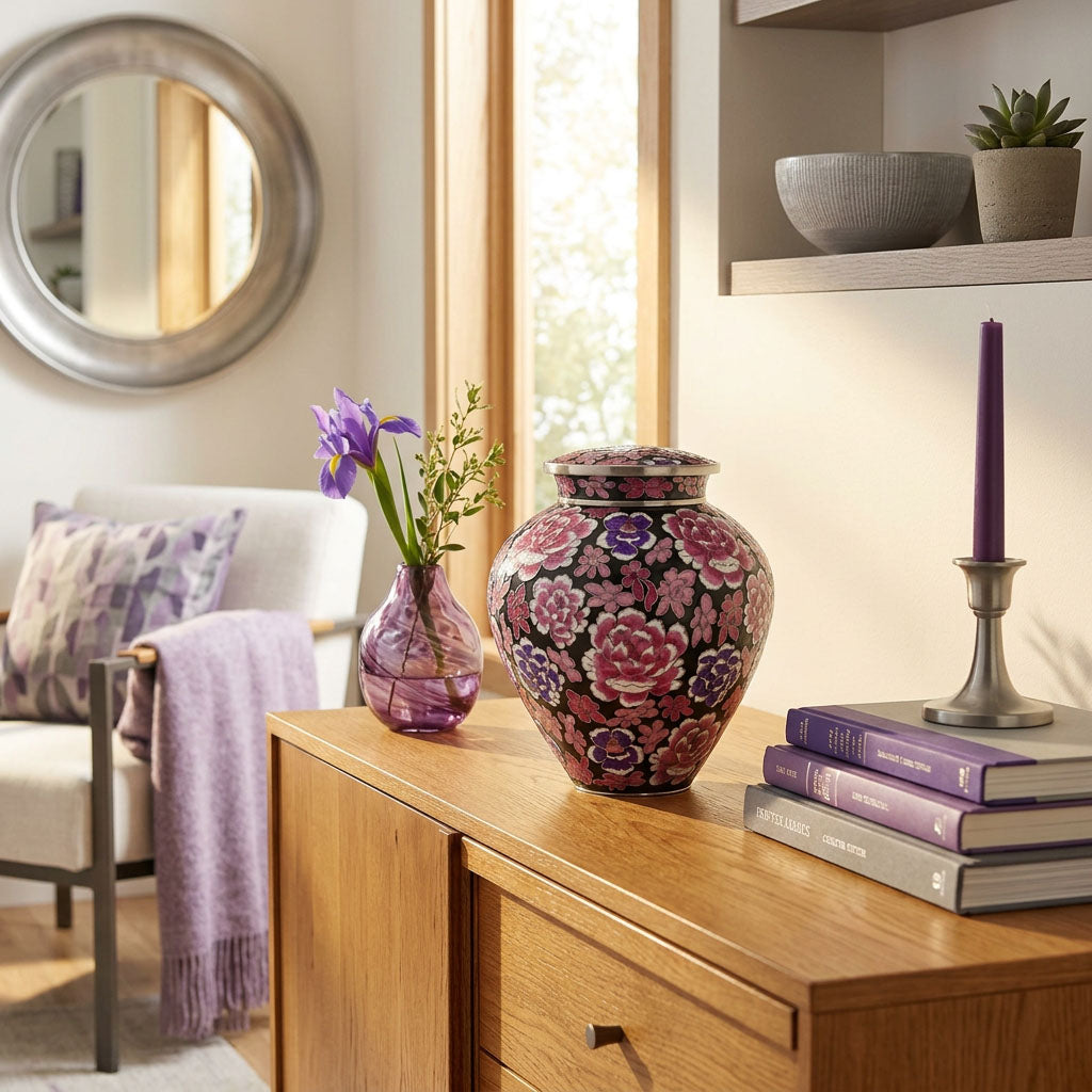 Pink and purple metal filigree cloisonne urn with a floral design in a home decor setting.
