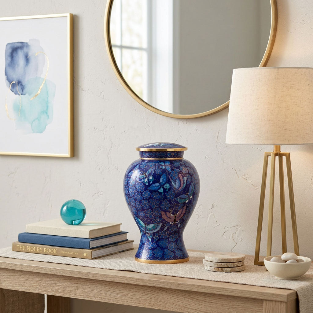 Etienne blue butterfly cloisonne cremation urn with gold accents in a home decor setting.