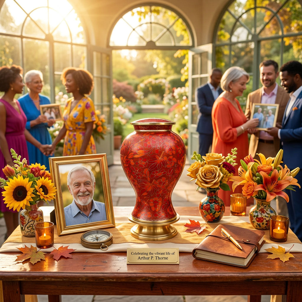 Metal cloisonne urn featuring red and orange leaves and flowers with gold accents in a celebration of life setting.