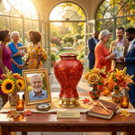 Metal cloisonne urn featuring red and orange leaves and flowers with gold accents in a celebration of life setting.
