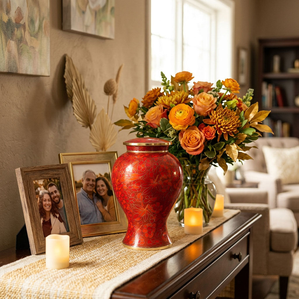 Metal cloisonne urn featuring red and orange leaves and flowers with gold accents in a home decor setting with photos.
