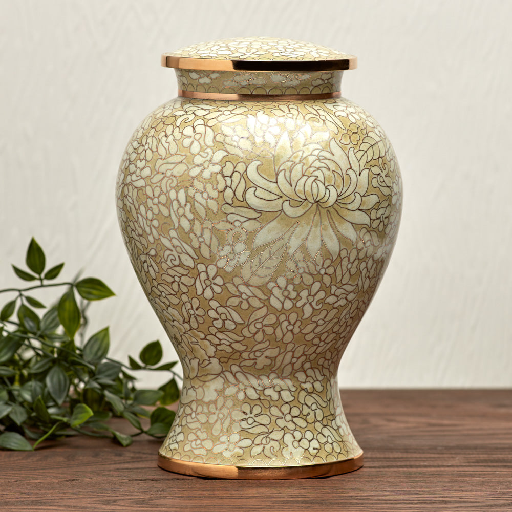 Beige & pearl floral cloisonne urn with gold accents.