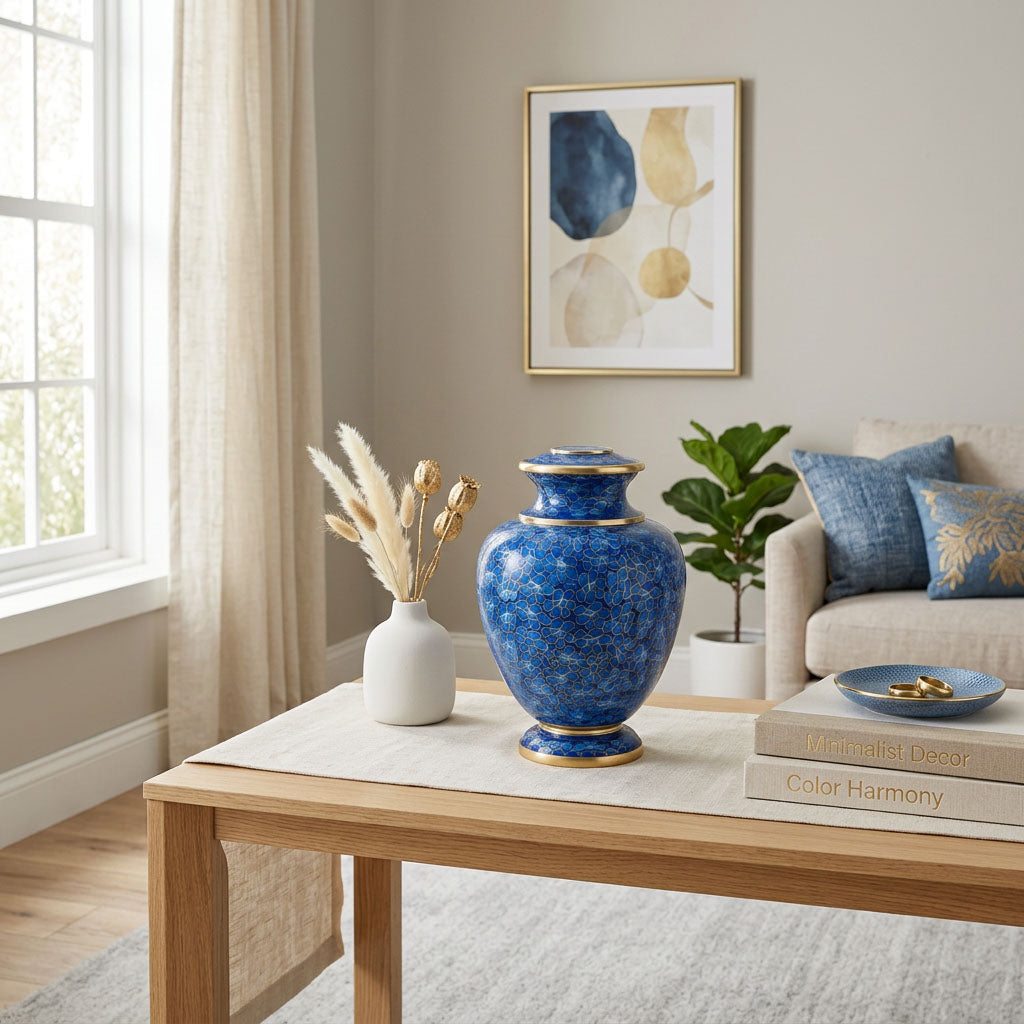 Essence blue floral cloisonne urn with gold accents in a home decor setting on a table.