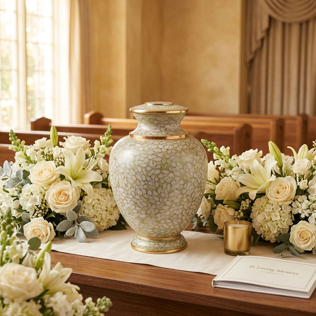 Elegant cream and beige floral cloisonne urn in a funeral service setting.