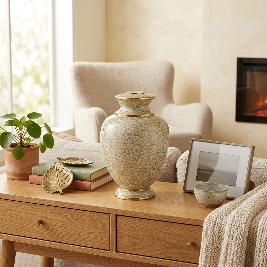 Elegant cream and beige floral cloisonne urn in a home decor setting on a cabinet.