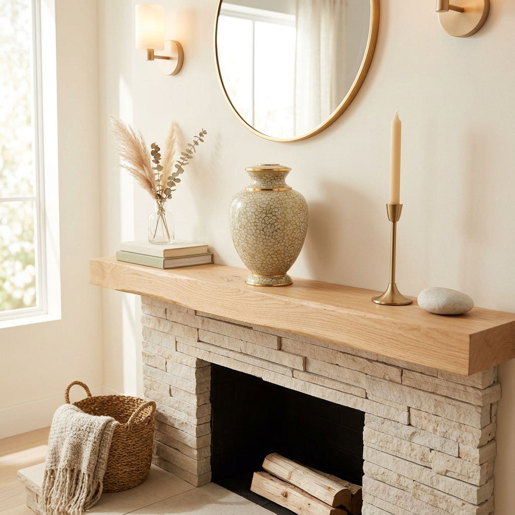 Elegant cream and beige floral cloisonne urn in a home decor setting.