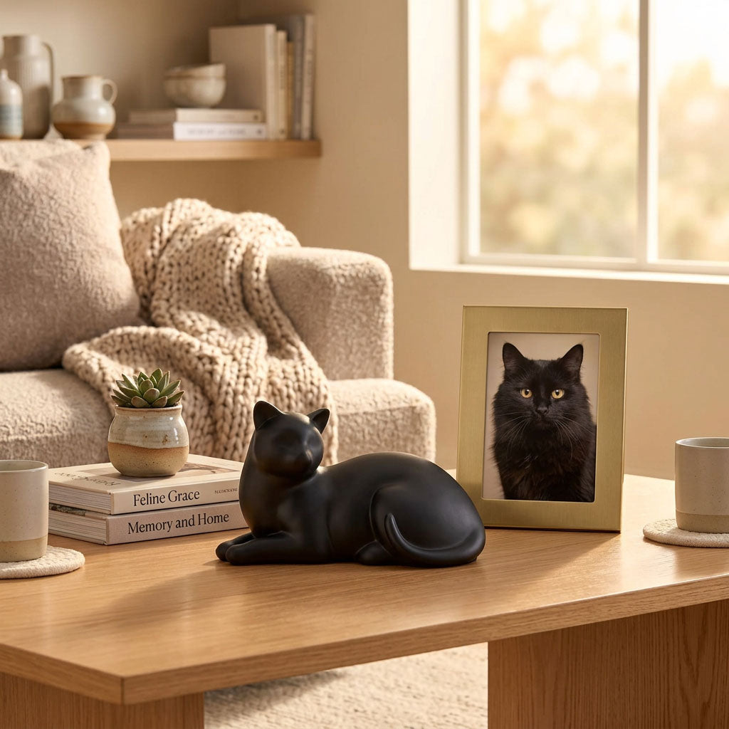 Black resin cat memorial pet urn in a home decor setting.