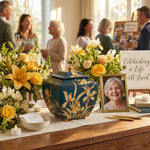 Pagoda style blue resin urn featuring orchids in a celebration of life setting.