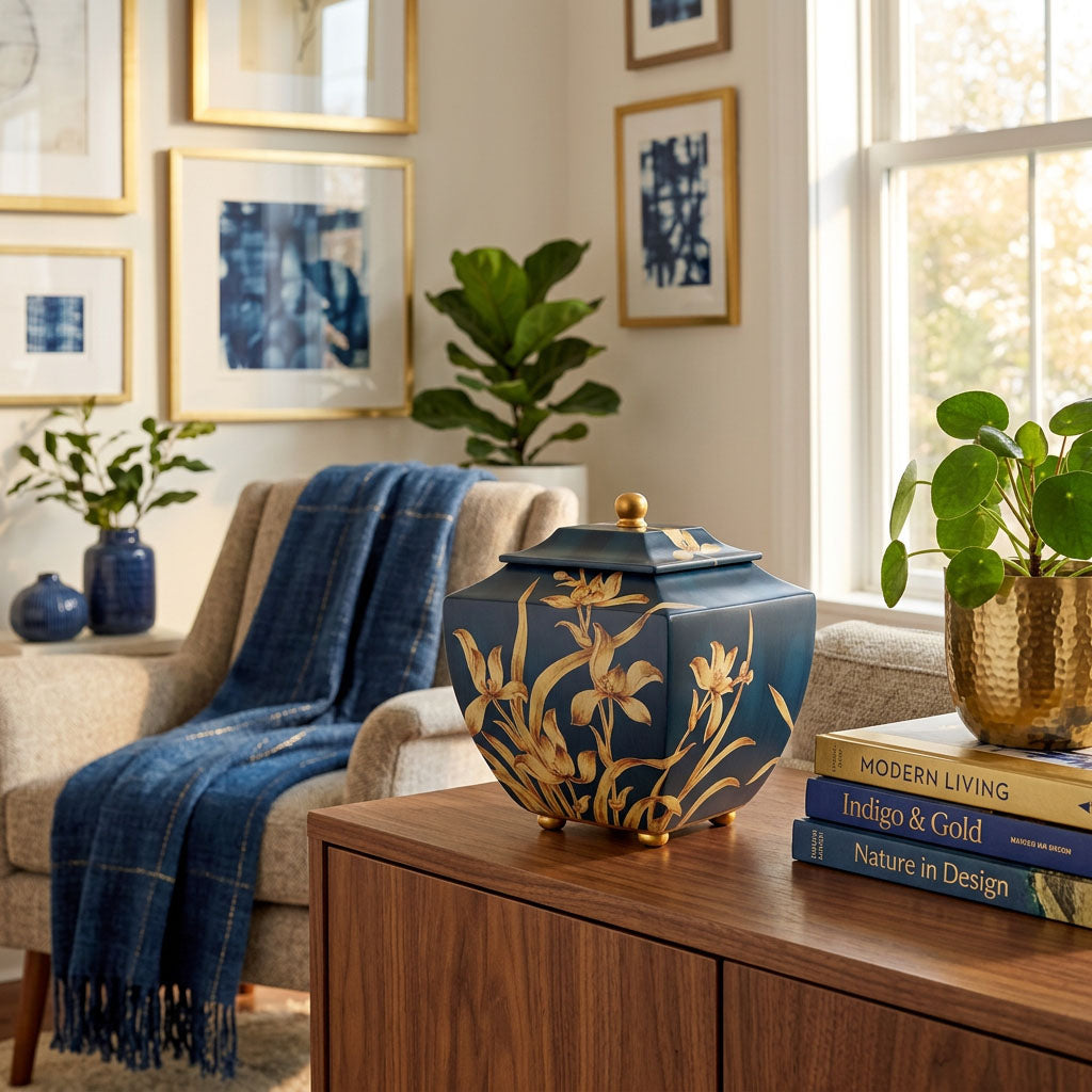 Pagoda style blue resin urn featuring orchids in a home decor setting.