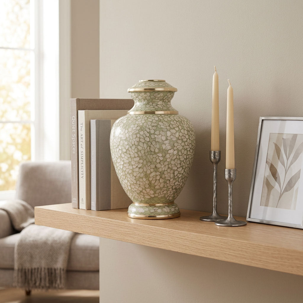 Opal floral cloisonne urn in a home decor setting.