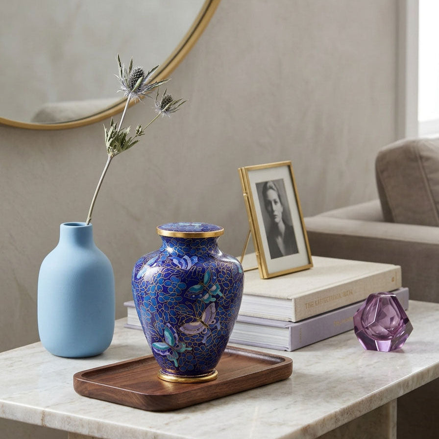Nouveau Butterfly Cloisonne Urn - Extra Small with gold accents in a home decor setting.