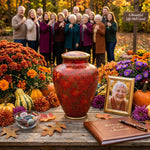 Nouveau leaves cloisonne urn with gold accents fall celebration of life.