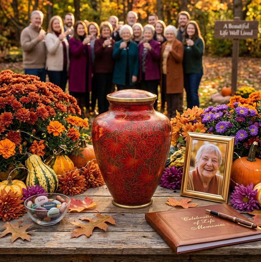 Nouveau leaves cloisonne urn with gold accents fall celebration of life.
