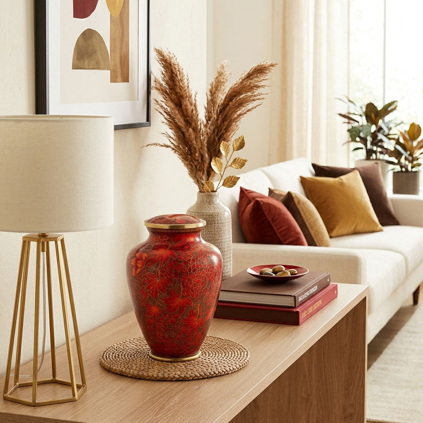 Nouveau leaves cloisonne urn with gold accents in a home decor setting.