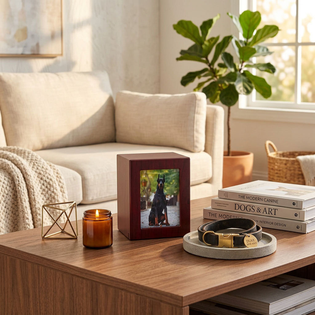 Wood photo urn with cherry veneer finish for pet in a home decor setting.