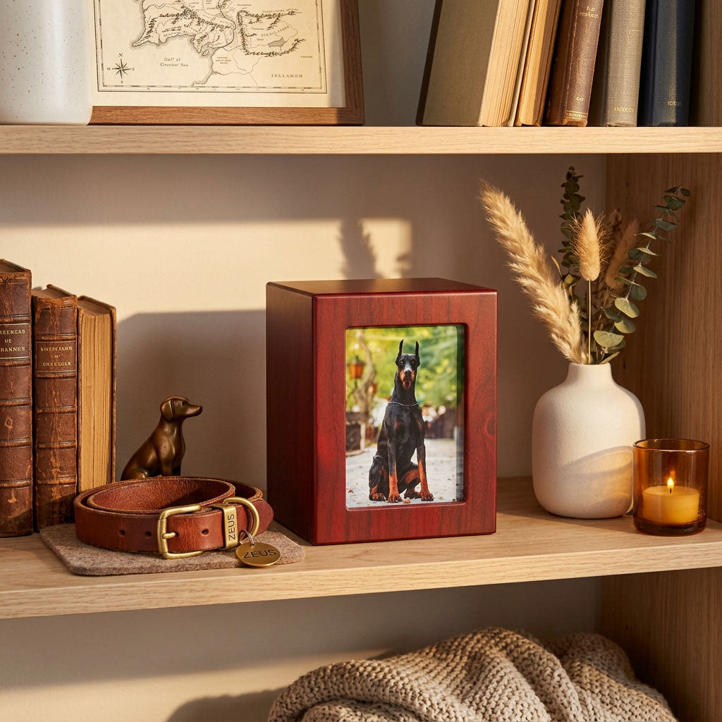 Wood photo urn with cherry veneer finish for pet on a bookshelf.