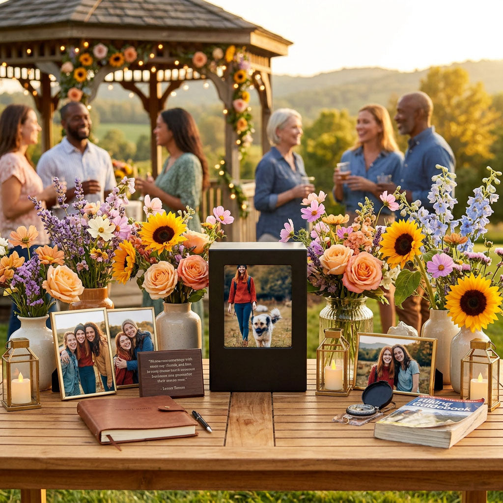 Black photo urn in a celebration of life setting.