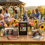 Black photo urn in a celebration of life setting.