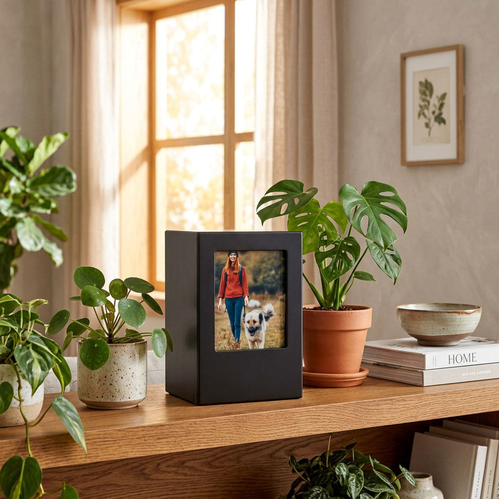 Black photo urn in a home decor setting.
