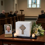 Keystone White Marble Cremation Urn With Gold Celtic Cross + Opulent Blue Inlay