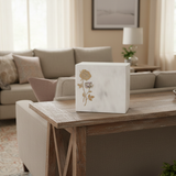 Keystone White Marble Cremation Urn With Roses + Precious Pink Inlay