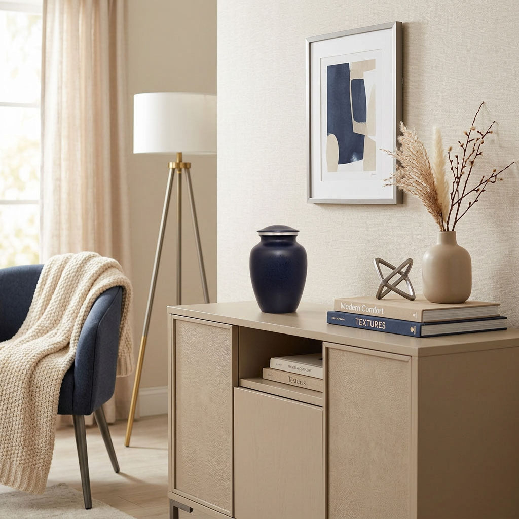 Dark blue aluminum urn with speckled finish in a home decor setting.