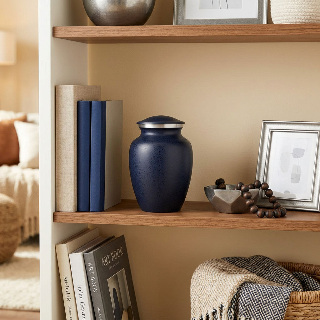 Two-tone dark blue aluminum metal cremation urn in medium in a home decor setting.