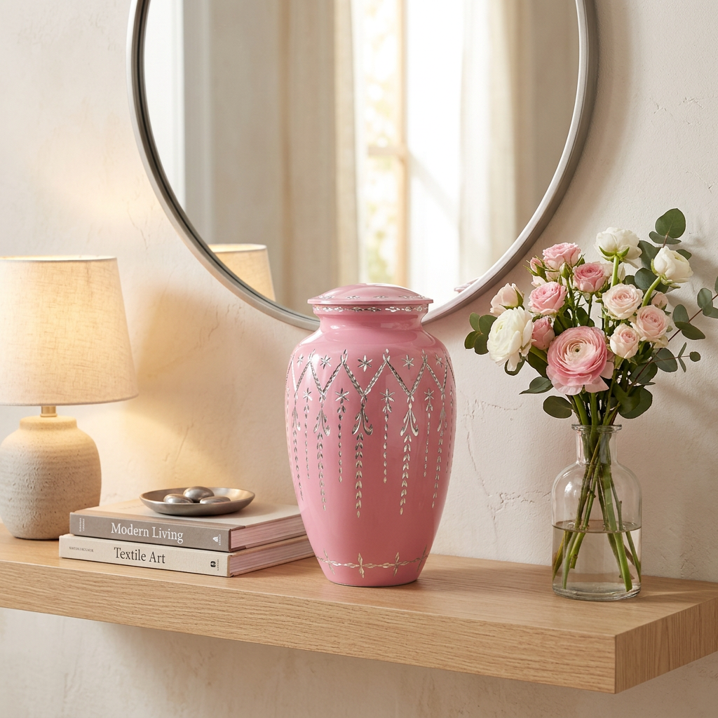 Pink metal urn with etched star garland design in a home decor setting.