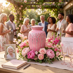 Pink metal urn with etched star garland design  in an outdoor celebration of life setting.