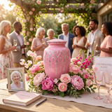 Pink metal urn with etched star garland design  in an outdoor celebration of life setting.