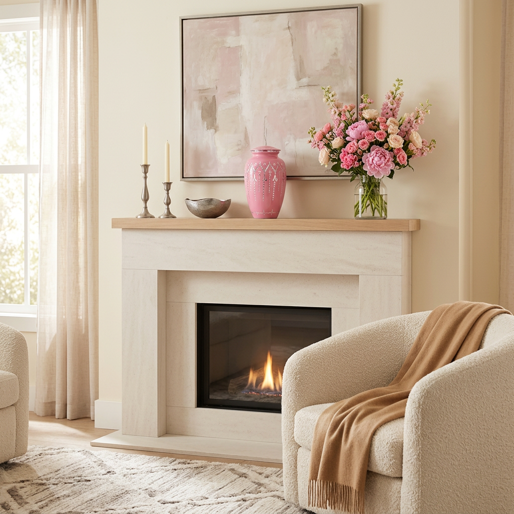 Pink metal urn with etched star garland design above a fireplace.