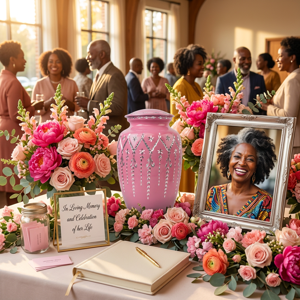 Pink metal urn with etched star garland design in a celebration of life setting.