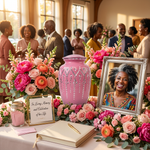 Pink metal urn with etched star garland design in a celebration of life setting.