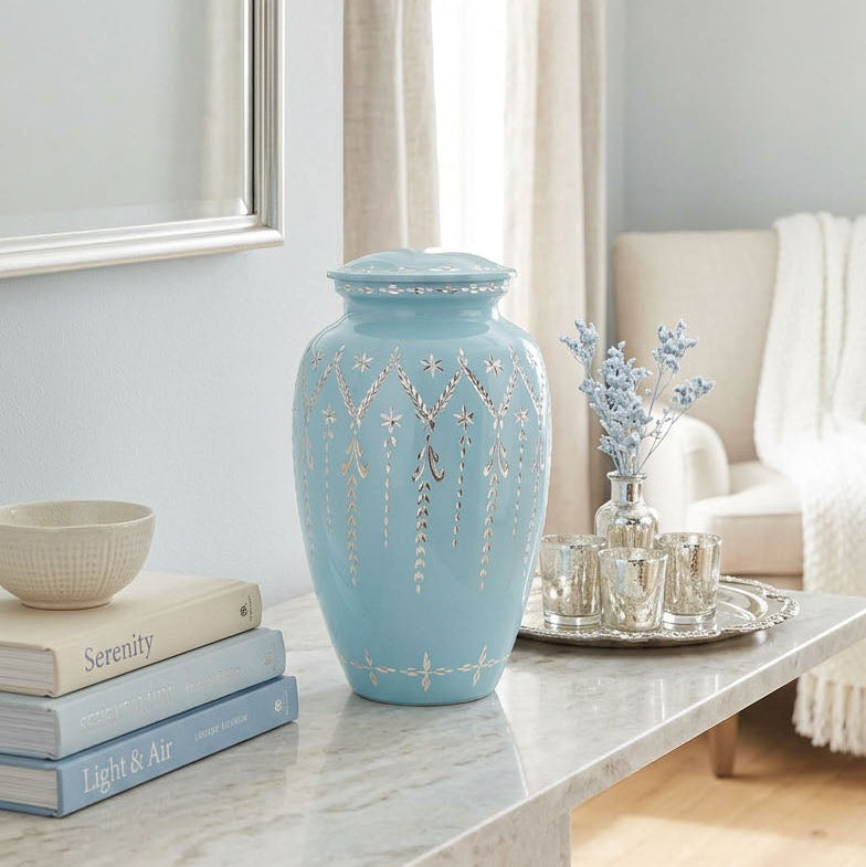 Light blue metal urn with hand etching in an intricate design in a home decor setting.