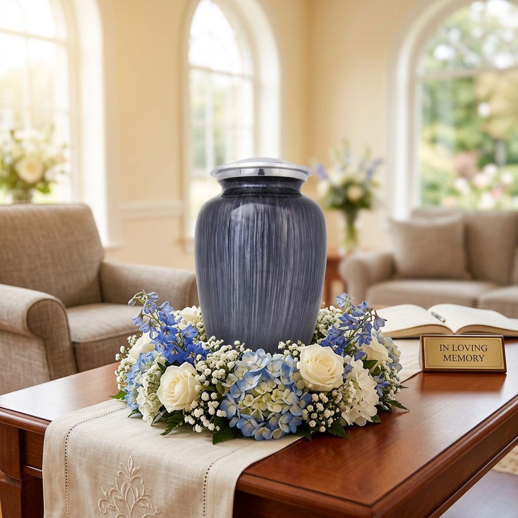 Large Enamel Finished Metal Alloy Cremation Urn - Dark Blue in a funeral service setting.