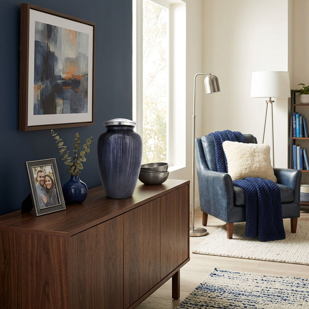 Large Enamel Finished Metal Alloy Cremation Urn - Dark Blue in a home decor setting.
