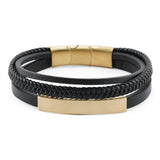 Black braided leather bracelet with gold accents main image.