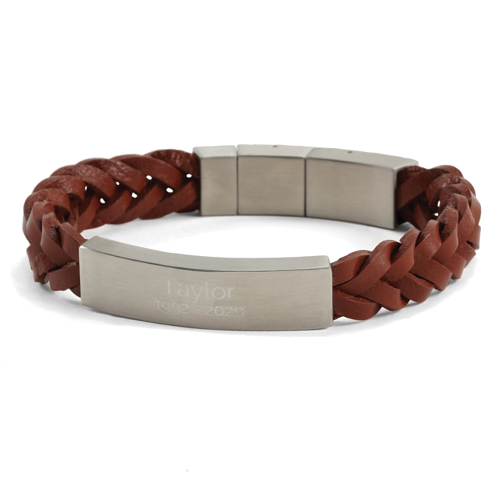 Brown leather braided memorial bracelet with engraving.
