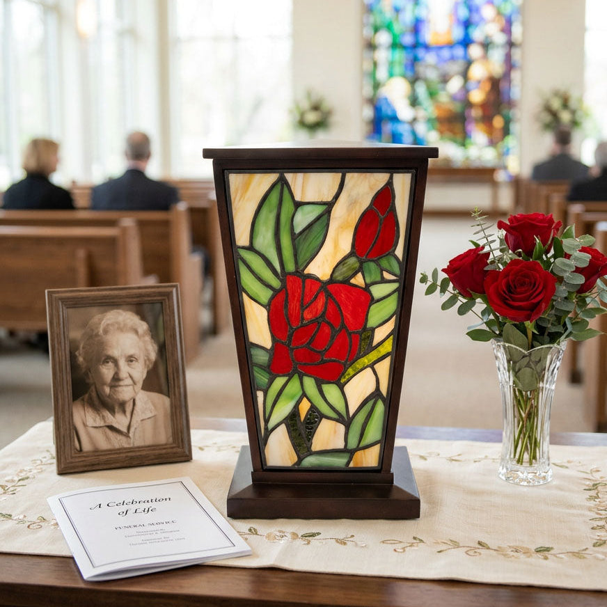 Red rose stained glass urn for cremation ashes with intricately cut glass pieces and a deep brown resin body in a funeral service setting.