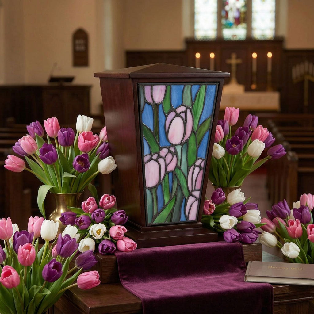 Pink Tulip Stained Glass Cremation Urn in a funeral service setting.