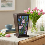 Pink Tulip Stained Glass Cremation Urn in a home decor setting.