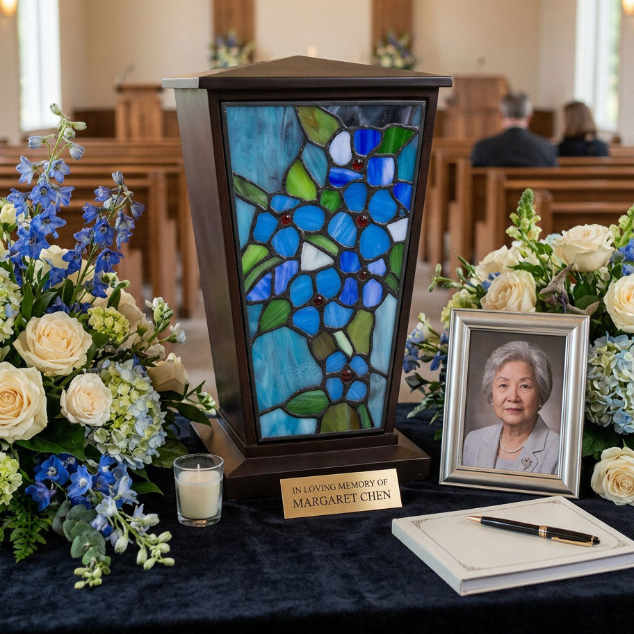 Blue Forget-Me-Not Stained Glass Cremation Urn in a funeral service setting.
