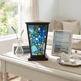 Blue Forget-Me-Not Stained Glass Cremation Urn in a light home decor setting.